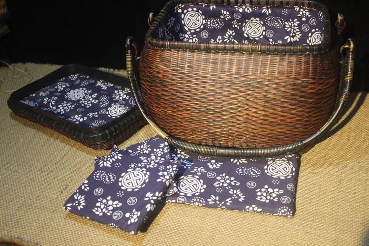 竹编女式茶包 茶具收纳蓝 旅行茶具提篮带隔层 防震 竹制品收纳箱